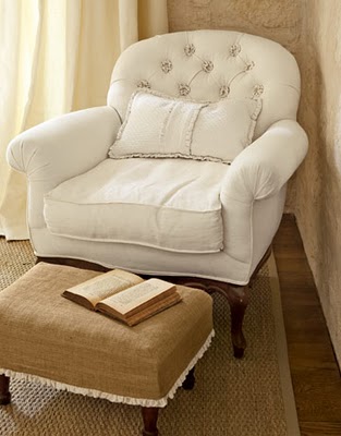 linen chair and burlap footstool